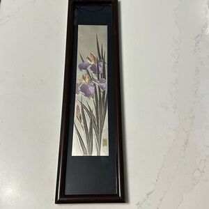 Japanese Iris Foil Metal Art Framed mitsukoshi ltd made in Japan 18 1/2 by 4 3/4